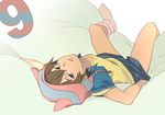  1boy 9 brown_eyes brown_hair child footwear handa_shin'ichi handa_shinichi hat inazuma_eleven inazuma_eleven_(series) komejiru_tatsunoshin looking_up lying male male_focus number short_hair shorts shota socks solo trap 