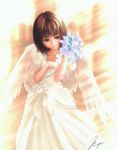 angel angel_wings brown_eyes brown_hair dress flower jpeg_artifacts lily_(flower) short_hair solo wings 