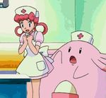  1girl animated animated_gif chansey egg gif indoors joy_(pokemon) lowres nurse nurse_cap nurse_joy pink_hair pokemon short_dress spanked spanking surprised yuri 