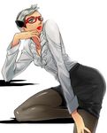  bayonetta female glasses grey_eyes jeanne_(bayonetta) lipstick makeup miniskirt office_lady pantyhose pocapin pokapin_(kuehnel) pose shirt short_hair silver_hair skirt solo white_background white_shirt 