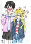  1boy 1girl black_hair blonde_hair blush crossdress crossdressing glasses green_eyes harry_james_potter harry_potter luna_lovegood simple_background trap white_background 