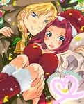  1boy 1girl animal_costume antlers asylum bag bell big_breasts blonde_hair blue_eyes blush boots braid breasts carrying christmas code_geass couple female gino_weinberg green_eyes grin hat kallen_stadtfeld large_breasts long_hair male open_mouth red_hair reindeer_costume santa_costume santa_hat smile 