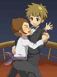  2boys brown_hair dancing formal inazuma_eleven inazuma_eleven_(series) kurimatsu_teppei multiple_boys suit tachimukai_yuuki 