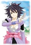  artist_request black_hair bow breasts brown_eyes cleavage corset detached_sleeves elbow_gloves gloves japanese_clothes kimono large_breasts paper purple purple_kimono sheena_fujibayashi smile tales_of_(series) tales_of_symphonia wrist_band wristband 