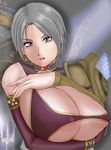  areolae armor blue_eyes breast_hold breasts earrings elbow_gloves female gloves hitoya_hayai huge_breasts indoors isabella_valentine jewelry lipstick makeup nipples short_hair solo soul_calibur soul_calibur_iv soulcalibur_iv white_hair 