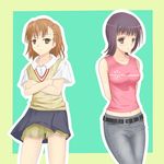  blush brown_hair denim ikaramon_sakaya itsuwa jeans midriff misaka_mikoto multiple_girls pants school_uniform shoes short_hair skirt sneakers to_aru_majutsu_no_index 