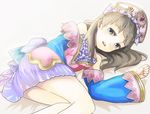 :d ass atelier_(series) atelier_totori bangs bare_shoulders bed blue_eyes blue_sleeves detached_sleeves dress flat_chest gem grey_hair haruken hat long_hair lying on_side open_mouth short_dress smile solo totooria_helmold wide_sleeves 