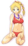  blonde_hair blue_eyes breasts chrono_cross cleavage closed_mouth commentary_request funtarunta graphite_(medium) groin high_ponytail highres jewelry kid_(chrono_cross) long_hair midriff multi-tied_hair necklace ponytail solo swimsuit traditional_media 