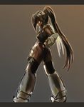  1girl armor armored_boots bangs black_hair black_legwear bleach boots dark_skin from_behind full_body gauntlets gradient gradient_background highleg knee_boots leotard long_hair long_ponytail looking_at_viewer looking_back marisaski ponytail shihouin_yoruichi shiny shiny_hair solo standing thighhighs very_long_hair yellow_eyes 