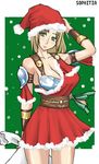  adjusting_hair armband armor bag bare_shoulders bikini_armor blonde_hair bra breasts christmas cleavage enoshima_iki female green_eyes hat lingerie long_hair santa_costume santa_hat solo sophitia_alexandra soul_calibur soul_calibur_iv soulcalibur_iii underwear wristband 