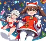  2girls adapted_costume animal_ears animalization bikini bikini_top_only black_skirt breasts brown_eyes brown_hair cat_ears cat_tail christmas_tree christmas_tree_costume cleavage coat commentary_request dragging fang feet_out_of_frame fur-trimmed_skirt fur_trim gift japanese_clothes kantai_collection kariginu kuma_(kancolle) large_breasts minigirl multiple_girls outdoors pantyhose pleated_skirt red_bikini red_coat red_headwear red_skirt ryuujou_(kancolle) skin_fang skirt snow stuffed_animal stuffed_toy swimsuit tail teddy_bear tonneru_keiji twintails unryuu_(kancolle) white_pantyhose yamakaze_(kancolle) 