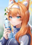  1girl absurdres animal_ear_fluff animal_ears blue_archive blue_eyes blurry blurry_background blush bottle depth_of_field flower hair_flower hair_ornament hairband halo highres holding holding_bottle jacket long_hair long_sleeves looking_at_viewer mari_(blue_archive) mari_(gym_uniform)_(blue_archive) menna_(0012) official_alternate_costume orange_hair plastic_bottle ponytail portrait ribbon smile solo solo_focus sparkle sweat sweatdrop track_jacket water_bottle white_hairband white_ribbon zipper zipper_pull_tab 