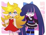  2girls :d artsy-rc bangs black_dress blue_bow blue_eyes blue_pantyhose blunt_bangs bow bracelet chibi colored_inner_hair dress earrings grin hair_bow halftone hand_on_hip highres hoop_earrings jewelry long_hair looking_at_viewer multicolored_hair multiple_girls necklace panty_&amp;_stocking_with_garterbelt panty_(psg) pantyhose pink_hair purple_hair red_dress signature smile stocking_(psg) striped striped_pantyhose very_long_hair 