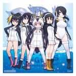  5girls animal_hood black_hair boots brown_eyes closed_mouth emperor_penguin_(kemono_friends) gentoo_penguin_(kemono_friends) headphones hood humboldt_penguin_(kemono_friends) kemono_friends kneehighs leotard long_hair multicolored_hair multiple_girls official_art open_mouth penguin_girl penguin_hood penguin_tail rockhopper_penguin_(kemono_friends) royal_penguin_(kemono_friends) short_hair skirt smile socks straight_hair tail yoshizaki_mine 