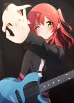  1girl ;) bangs black_jacket blush bocchi_the_rock! commentary_request electric_guitar gibson_les_paul green_eyes guitar highres instrument interlocked_fingers jacket kita_ikuyo long_hair long_sleeves looking_at_viewer one_eye_closed one_side_up red_hair reikakrzk shadow shiny shiny_hair smile solo stretching upper_body 