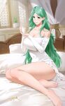 1girl bangs bare_shoulders barefoot blush breasts cleavage collarbone dress fire_emblem fire_emblem:_three_houses green_eyes green_hair highres large_breasts legs long_hair looking_at_viewer off-shoulder_dress off_shoulder parted_bangs pointy_ears rhea_(fire_emblem) sendrawz short_dress solo thighs white_dress 