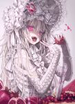  1girl bangs blood blood_bag bow elbow_gloves fangs food fruit gloves hair_between_eyes hair_ornament headdress highres holding holding_food holding_fruit knife lolita_fashion long_hair looking_at_viewer open_mouth original osobachan pale_skin red_eyes ribbon simple_background smile solo vampire white_background white_hair white_ribbon 