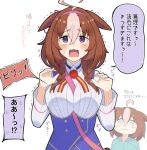  :3 @_@ ahoge alternate_hairstyle animal_ears between_breasts blush breasts brown_hair commentary_request hair_between_eyes headband highres horse_girl kyutai_x large_breasts looking_at_viewer medium_hair meisho_doto_(umamusume) mother_and_daughter open_mouth purple_eyes tears umamusume white_background 