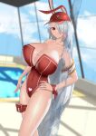  1girl absurdres armband azur_lane baseball_cap blurry blurry_background breasts cleavage covered_navel dutch_angle gigantic_breasts glowing grey_hair guokui hair_over_one_eye hand_on_hip hat heart highleg highleg_swimsuit highres impossible_clothes impossible_swimsuit lifeguard long_hair low-braided_long_hair mole mole_under_eye official_alternate_costume pool prinz_heinrich_(azur_lane) prinz_heinrich_(rabbit_on_watch)_(azur_lane) pubic_tattoo pubic_tattoo_through_clothing red_eyes red_headwear red_one-piece_swimsuit solo strapless strapless_swimsuit swimsuit tattoo thigh_pouch very_long_hair window 
