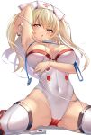  1girl :o arm_under_breasts arm_up armpits avatar_(pso2) bangs blonde_hair blush breast_press breasts breasts_out cameltoe commentary_request commission covered_navel hair_between_eyes hat heart heart-shaped_pupils heart_tattoo highres holding large_breasts leotard long_hair looking_at_viewer numako_(pizza_kanon) nurse nurse_cap orange_eyes original parted_lips phantasy_star phantasy_star_online_2 pubic_tattoo red_eyes rikiddo_(tise_00) second-party_source sitting skeb_commission skin_tight skindentation solo spread_legs stethoscope symbol-shaped_pupils tattoo thighhighs thighs topless twintails underwear valgiris wariza white_background white_headwear white_leotard white_thighhighs 