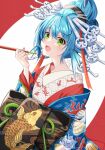  1girl :d blue_hair character_request commission green_eyes hair_bun head_fins highres holding holding_smoking_pipe japanese_clothes kimono kiseru long_sleeves looking_at_viewer maou_no_hajimekata_(dmm) nekozuki_yuki off_shoulder open_clothes red_background red_kimono skeb_commission smile smoking_pipe solo two-tone_background watermark white_background wide_sleeves 