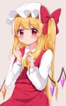  1girl :&lt; alternate_hair_length alternate_hairstyle ascot bangs blonde_hair blush bow breasts contrapposto crystal flandre_scarlet grey_background hair_bow hair_flowing_over hands_up hat highres holding holding_hair long_hair long_sleeves looking_at_viewer mob_cap one_side_up red_bow red_eyes shinonome_asu shirt simple_background small_breasts solo touhou very_long_hair white_shirt wings yellow_ascot 