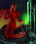  anthro claws detailed_background dragon feet hair hi_res horn male membrane_(anatomy) membranous_wings mordorinka open_mouth outside red_body red_scales scales scalie solo standing teeth toes western_dragon wings 