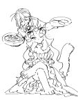  1boy 1girl :&lt; ^_^ anger_vein animal_ear_fluff animal_ears animal_feet annoyed arm_up asymmetrical_hair bangs barefoot body_fur bow cat_ears cat_girl cat_tail cat_teaser closed_eyes closed_mouth cocri collar collared_shirt commentary_request crossed_arms crown dress feet fish fish_(food) food full_body furry furry_female greyscale hair_bow hand_up highres holding holding_food holding_plate holding_tray jacket leaning_forward long_sleeves looking_at_another looking_back mini_crown monochrome necktie nervous nervous_smile one_eye_closed original pawpads plate puffy_short_sleeves puffy_sleeves shirt short_hair short_sleeves simple_background sitting sketch smile standing tail tail_raised tray whiskers white_background 