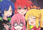  4girls :d :t ^_^ absurdres ao_(flowerclasse) background_text bangs black_shirt blonde_hair blue_hair blush bocchi_the_rock! bow closed_eyes closed_mouth commentary_request eating_hair gotou_hitori hair_between_eyes hair_ornament hairclip highres ijichi_nijika kita_ikuyo long_hair long_sleeves mole mole_under_eye multiple_girls one_side_up pink_hair red_bow red_hair shirt side_ponytail smile sparkle translation_request turn_pale wavy_mouth yamada_ryou yellow_eyes 