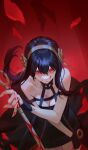  1girl black_dress black_hair blood blood_on_face dagger dress flower hair_flower hair_ornament highres holding holding_dagger holding_knife holding_weapon jinwu_(artist) knife red_background red_eyes simple_background spy_x_family weapon yor_briar 