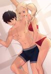  abs absurdres amamiya_ren aqua_eyes armpits assertive_female bed_sheet bedroom bikini black_hair blonde_hair boxer_briefs clothed_sex happy_sex highres light_smile looking_at_another male_underwear micro_bikini morning one_eye_closed persona persona_5 seductive_smile smile sunlight swimsuit takamaki_anne twintails underwear wanderstillart window_shade 