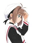  1girl brown_hair cardcaptor_sakura female_child hat highres kinomoto_sakura nnn-ollll sailor_collar sailor_hat school_uniform serafuku simple_background smile solo tomoeda_elementary_school_uniform upper_body white_background white_headwear white_sailor_collar 