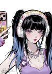  1girl absurdres animification aoye_de_a_diu bangs black_hair blue_hair breasts brown_eyes cellphone chinese_commentary choi_ye-na cleavage colored_tips detached_sleeves headphones heart heart_in_eye highres holding holding_phone jewelry k-pop looking_at_viewer medium_breasts multicolored_hair nail_polish necklace parted_lips phone portrait purple_tank_top real_life red_lips sleeves_past_fingers sleeves_past_wrists smartphone solo symbol_in_eye tank_top twintails white_background 