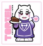  1girl :d artsy-rc blush_stickers cake cake_slice dress fangs food furry furry_female heart highres holding holding_plate looking_at_viewer plate purple_dress skin_fangs smile solo spoken_heart standing toriel undertale 