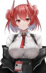  1girl arknights black_coat breasts bright_pupils coat fiammetta_(arknights) highres large_breasts necktie off_shoulder red_eyes red_hair ribbed_shirt shirt sthk white_background white_pupils 