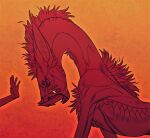  ambiguous_gender back_tuft big_ears chest_tuft disembodied_hand duo ears_back feral long_neck mane monster narrowed_eyes neck_tuft open_mouth pivoted_ears red_theme riorix sharp_teeth side_view simple_background solo_focus teeth tuft tusks 