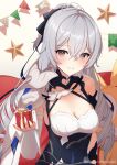  1girl aged_up bangs bare_shoulders black_gloves box breasts bronya_zaychik bronya_zaychik_(silverwing:_n-ex) christmas christmas_present cleavage dress drill_hair gift gift_box gloves grey_eyes grey_hair hair_between_eyes hair_ornament highres holding holding_gift homu_(honkai_impact) honkai_(series) honkai_impact_3rd kenjirohayamiti large_breasts long_hair looking_at_viewer skirt sleeveless sleeveless_dress smile solo thighhighs white_dress 