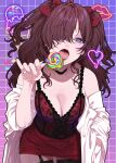  1girl black_thighhighs bow breasts brown_hair candy cleavage collarbone food garter_straps hair_bow hair_over_one_eye hand_in_pocket heart highres holding holding_candy holding_food ice_cream ichinose_shiki idolmaster idolmaster_cinderella_girls labcoat lips lollipop looking_at_viewer maou_(demonlord) medium_breasts neon_trim one_eye_covered red_shirt red_skirt shirt skirt solo thighhighs tongue tongue_out two_side_up 