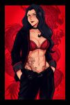  1girl abs asami_sato avatar_legends black_border black_choker black_hair black_jacket border bra choker green_eyes iahfy jacket long_hair looking_at_viewer pants red_background red_bra smile tattoo the_legend_of_korra thong underwear 