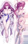  1girl alternate_costume bangs bare_shoulders barefoot blush bracelet breasts cleavage closed_mouth dakimakura_(medium) fate/grand_order fate_(series) feet flower full_body hair_flower hair_ornament highres jewelry kousaki_rui large_breasts legs looking_at_viewer lying navel off_shoulder on_back on_side parted_lips purple_eyes purple_hair scathach_(fate) scathach_skadi_(fate) scathach_skadi_(swimsuit_ruler)_(fate) signature smile thighs toes 