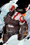  1boy absurdres armor bald beard belt character_name copyright_name elbow_gloves facial_hair facial_tattoo gloves god_of_war hades_(series) highres kratos leather looking_ahead muscular muscular_male mustache patrick_ganas shoulder_tattoo single_bare_shoulder tattoo topless_male 