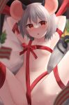  1girl :o absurdres animal_ears armpits arms_behind_head arms_up blurry blush breasts collarbone commentary_request dakuazu depth_of_field furrowed_brow grey_hair highres looking_at_viewer m_legs mouse_ears naked_ribbon navel nazrin open_mouth paid_reward_available red_eyes red_ribbon ribbon short_hair small_breasts solo spread_legs touhou 