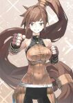  1girl absurdres bangs breasts brown_eyes brown_hair covered_navel cowboy_shot dnf_duel dungeon_and_fighter fighter_(dungeon_and_fighter) fingerless_gloves gloves grin highres long_hair looking_at_viewer medium_breasts ponytail smile solo tefec very_long_hair 
