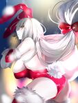  1girl animal_ears ass bare_shoulders breasts elbow_gloves fake_animal_ears fate/grand_order fate_(series) fur_trim gloves highres jeanne_d&#039;arc_alter_(fate) leaning_forward leotard long_hair looking_back low-tied_long_hair pale_skin rabbit_ears rabbit_tail red_leotard ri_o_ne_su sack sideboob skindentation snowing solo tail very_long_hair white_hair yellow_eyes 