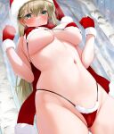  1girl ass_visible_through_thighs bare_tree bikini blonde_hair blush breasts cameltoe closed_mouth covered_nipples fed_(giba) gloves grey_eyes groin hands_up hat large_breasts long_hair micro_bikini navel original outdoors santa_bikini santa_gloves santa_hat skindentation snowing solo stomach swimsuit tree 