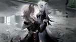  2girls absurdres animal_ears arknights bangs black_nails chinese_commentary commentary_request expressionless grey_eyes grey_hair hair_ornament hair_over_shoulder hairclip hand_on_own_elbow highres lappland_(arknights) lappland_(refined_horrormare)_(arknights) light_smile long_hair meng_ziya multiple_girls outdoors parted_lips penance_(arknights) profile puddle rain road short_hair side-by-side street white_hair wolf_ears yellow_eyes 