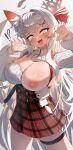  !? 1girl absurdres ahoge animal_ear_fluff animal_ears bangs blush breasts claw_pose cleavage copyright_request cowboy_shot fang fox_ears hair_ornament hair_ribbon high-waist_skirt highres keureu_(tiqkdtiqkd10) large_breasts long_hair long_sleeves looking_at_viewer nipples open_mouth plaid plaid_skirt puffy_long_sleeves puffy_sleeves red_eyes ribbon simple_background skirt solo standing sweater thigh_strap very_long_hair virtual_youtuber white_hair white_sweater x_hair_ornament 