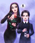  2girls addams_family black_dress black_hair bottle dress flower highres holding holding_bottle luztapiaart morticia_addams multiple_girls purple_background red_flower red_rose rose secateurs simple_background watermark wednesday_addams 