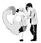  1boy 1girl ^_^ adjusting_another&#039;s_clothes adjusting_scarf animal_ears arm_at_side artist_name asymmetrical_hair blush body_fur bow breath cat_ears cat_girl cat_tail closed_eyes cocri collared_shirt commentary_request ear_blush earrings ears_down facing_another from_side full_body furry furry_female greyscale hair_bow hands_up happy heart heart_tail highres jacket jewelry long_hair long_sleeves looking_at_another messy_hair miniskirt monochrome necktie nose_blush nose_bubble open_clothes open_jacket open_mouth original pants pleated_skirt scarf school_uniform shiny shiny_hair shirt shoes short_hair signature simple_background skirt skirt_hold smile snot standing stud_earrings sweater tail tail_raised v-shaped_eyebrows very_long_hair white_background winter_clothes 