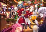  6+girls absurdres ahoge alcohol bar_(place) bartender beer beer_mug blonde_hair blue_eyes cat chef_hat christmas clenched_teeth colored_eyelashes colored_inner_hair colored_skin cup demon_girl demon_horns demon_tail dress drunk dryad english_commentary food glowing glowing_eyes golem hair_over_one_eye hat highres horns ibenz009 indoors jewelry mercury_(element) metal_skin monster_girl mug multicolored_hair multiple_girls necklace original pink_hair plate purple_hair purple_skin red_eyes ribbon santa_dress santa_hat slime_girl steak tail teeth white_hair white_skin winter yellow_eyes 